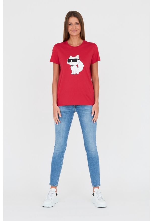 Karl Lagerfeld - KARL LAGERFELD Czerwony damski t-shirt z kotem, Rozmiar M. Kolor: czerwony