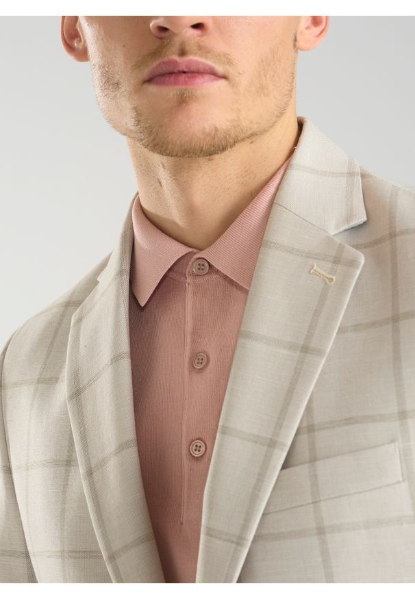 Pako Lorente - PAKO LORENTE – Beżowa marynarka męska w kratę Windowpane. Kolor: beżowy. Materiał: tkanina. Wzór: kratka. Styl: elegancki