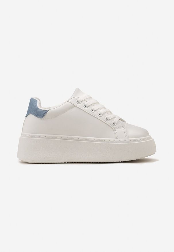 Renee - Biało-Niebieskie Sneakersy na Modnej Platformie Broida. Okazja: na co dzień. Nosek buta: okrągły. Zapięcie: sznurówki. Kolor: biały. Materiał: materiał, jeans. Obcas: na platformie. Wysokość obcasa: niski