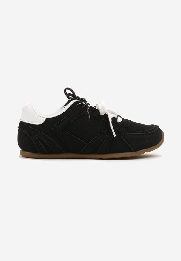 Renee - Czarne Sneakersy Ozdobione Przeszyciami i Podwójnym Sznurowaniem Telisaria. Okazja: na co dzień. Zapięcie: sznurówki. Kolor: czarny. Materiał: jeans. Wzór: aplikacja