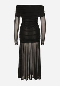 Born2be - Czarna Taliowana Sukienka Typu Hiszpanka z Transparentnymi Wstawkami Halacia. Typ kołnierza: dekolt hiszpanka. Kolor: czarny. Styl: elegancki