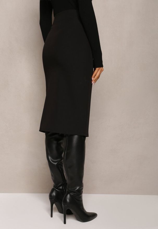 Renee - Czarna Ołówkowa Spódnica Midi z Rozcięciem Arathora. Kolor: czarny