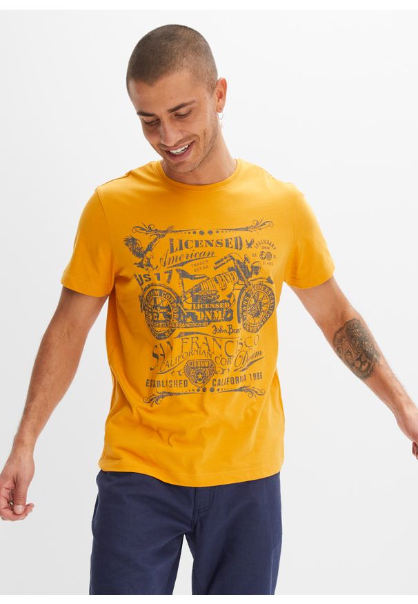 bonprix - T-shirt z nadrukiem. Kolor: pomarańczowy. Wzór: nadruk