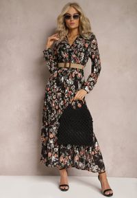 Renee - Czarna Sukienka Maxi z Plecionym Paskiem i Gumką w Talii w Kwiaty Elanisa. Kolor: czarny. Długość rękawa: długi rękaw. Wzór: kwiaty. Typ sukienki: kopertowe. Długość: maxi