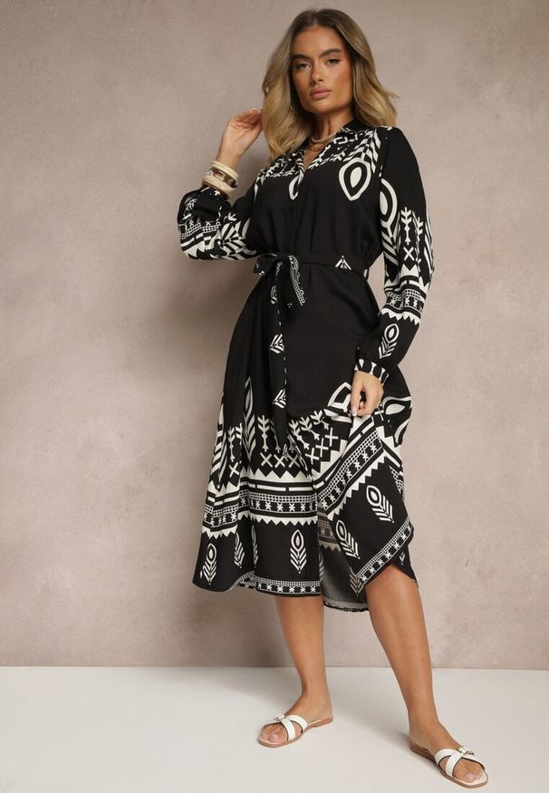 Renee - Czarna Koszulowa Sukienka z Wiskozą w Azteckie Wzory Averisa. Kolor: czarny. Materiał: wiskoza. Sezon: lato, wiosna. Typ sukienki: koszulowe. Styl: elegancki