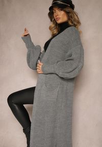 Renee - Szary Kardigan Długi z Bufiastym Rękawem Mesho. Kolor: szary. Materiał: jeans. Długość: długie. Styl: elegancki #5