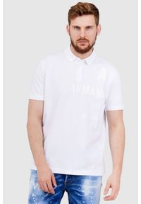 Armani Exchange - ARMANI EXCHANGE Biała męska koszulka polo z nadrukiem, Rozmiar S. Typ kołnierza: polo. Kolor: biały. Materiał: bawełna. Wzór: nadruk