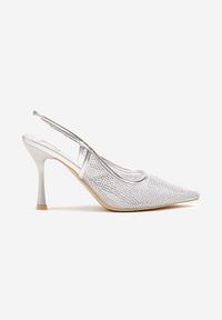 Renee - Srebrne Sandały Szpilki Slingback z Noskiem w Szpic Zdobione Cyrkoniami Zenvia. Okazja: do pracy, na spotkanie biznesowe, na imprezę. Kolor: srebrny. Wzór: aplikacja. Obcas: na szpilce. Styl: wizytowy, biznesowy #3