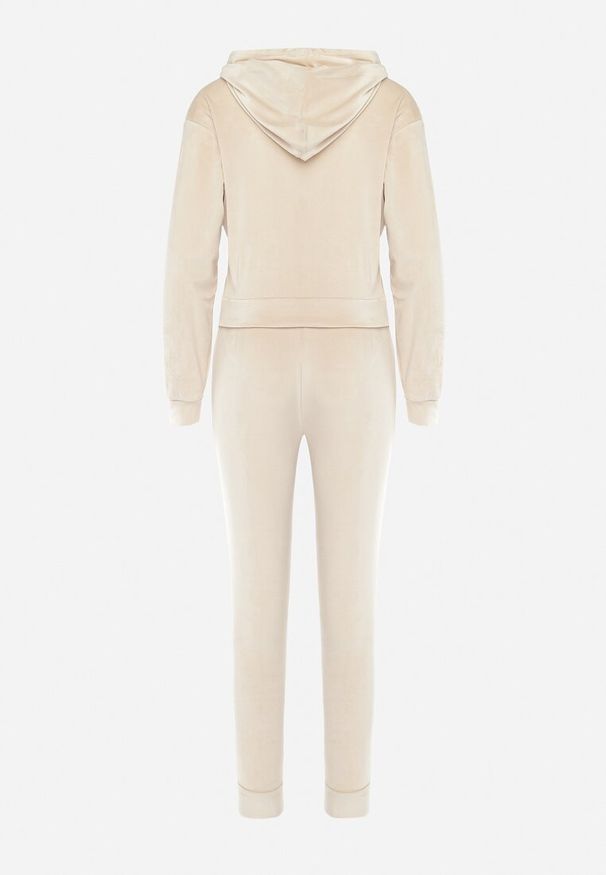 Born2be - Beżowy Welurowy Komplet Dresowy Bluza z Kapturem i Spodnie Petyra. Kolor: beżowy. Materiał: dresówka, welur. Wzór: jednolity