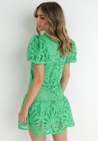 Born2be - Zielona Sukienka Cilleis. Typ kołnierza: kołnierzyk stójkowy. Kolor: zielony. Materiał: koronka. Wzór: ażurowy, aplikacja, koronka. Styl: elegancki. Długość: mini #3