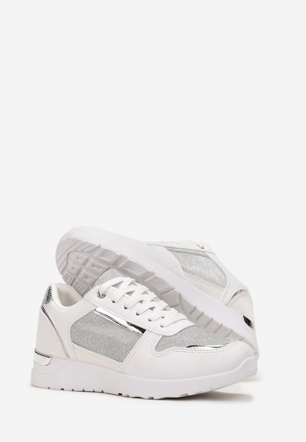 Born2be - Białe Sneakersy na Płaskiej Podeszwie Ozdobione Brokatem Mayna. Nosek buta: okrągły. Kolor: biały. Materiał: materiał. Wzór: aplikacja. Obcas: na płaskiej podeszwie