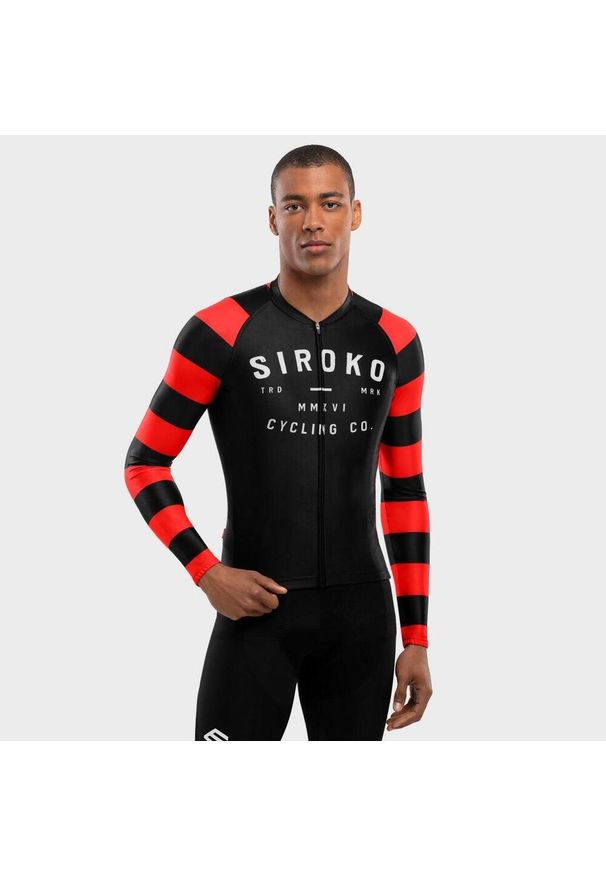 SIROKO - Męska koszulka rowerowa z krótkim rękawem Kolarstwo Siroko M2 Rider. Kolor: czerwony, wielokolorowy, czarny. Materiał: jersey. Długość rękawa: krótki rękaw. Długość: krótkie. Sport: kolarstwo