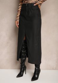 Renee - Czarna Midi Spódnica High Waist z Guzikiem i Kieszeniami oraz Suwakiem Navitta. Stan: podwyższony. Kolor: czarny. Materiał: materiał. Wzór: gładki, jednolity
