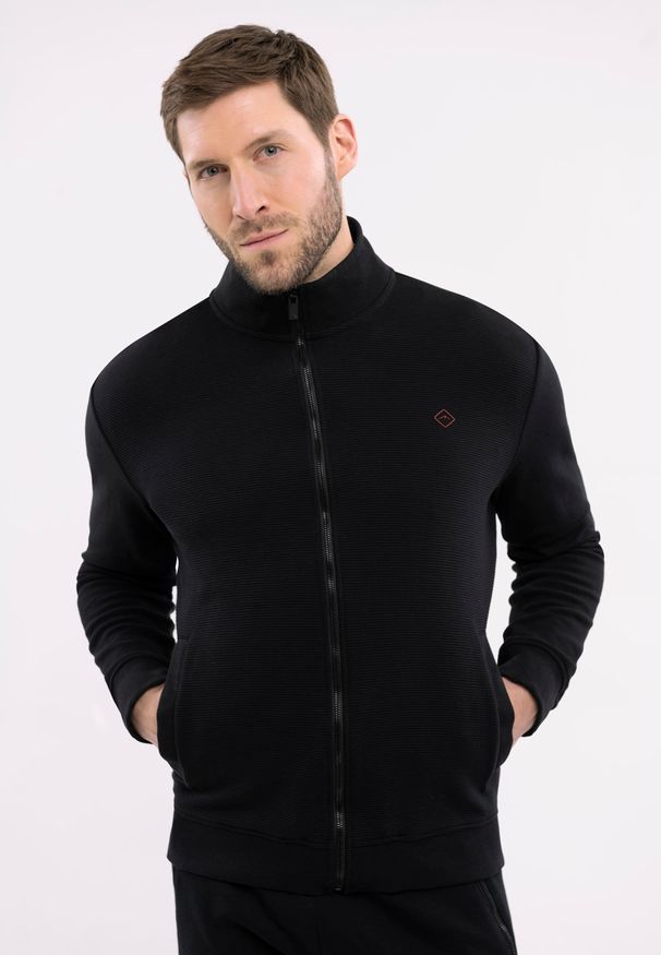 Volcano - Rozpinana bluza B-STRIPE. Typ kołnierza: bez kaptura, kołnierzyk stójkowy. Kolekcja: plus size. Kolor: niebieski. Materiał: materiał, bawełna, dresówka. Wzór: gładki, paski. Styl: klasyczny