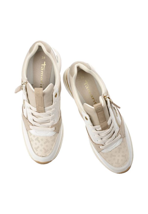 Beżowe Sneakersy Tamaris Wygodne Buty Damskie. Okazja: na co dzień. Kolor: beżowy. Szerokość cholewki: normalna. Wzór: aplikacja. Obcas: na koturnie. Styl: casual