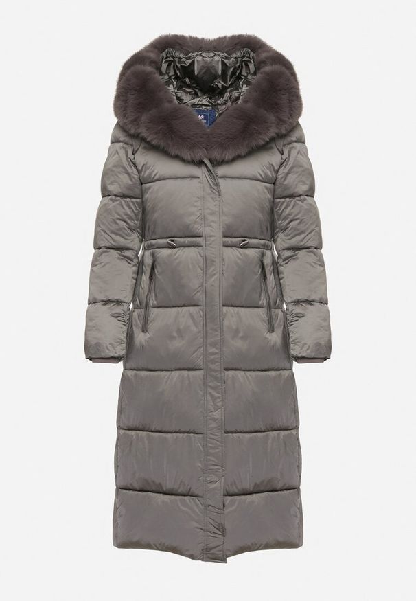 Born2be - Szara Długa Kurtka Puchowa z Pikowanymi Przeszyciami i Kapturem z Futrem Zevea. Okazja: na co dzień, na spacer. Kolor: szary. Materiał: futro, puch. Długość: długie. Styl: casual, elegancki