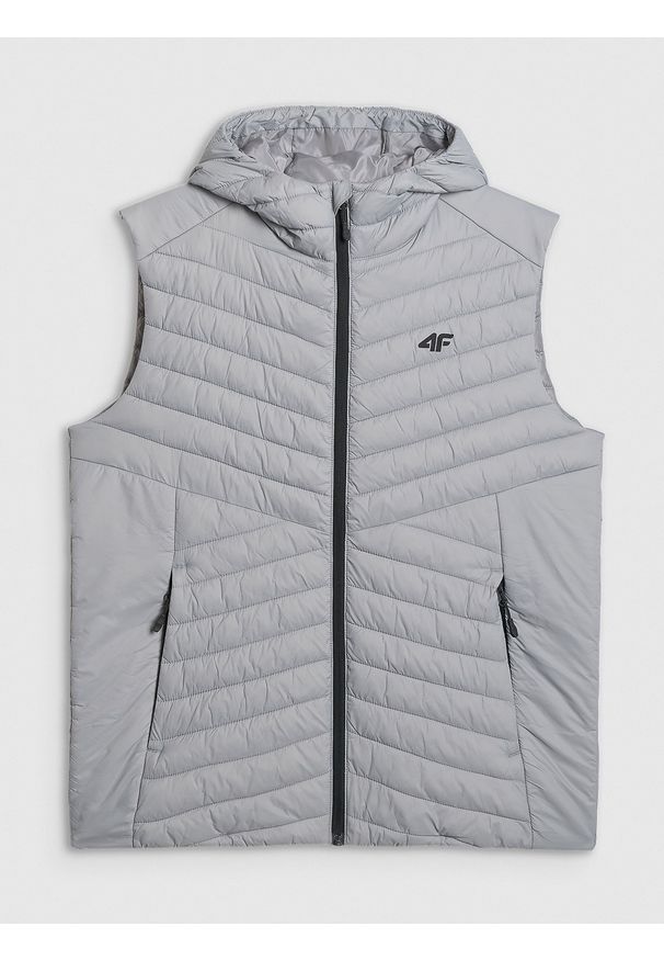 4f - 4F Bezrękawnik z wypełnieniem syntetycznym męski - szary 3XL. Typ kołnierza: kaptur. Kolor: szary. Materiał: syntetyk. Długość rękawa: bez rękawów. Wzór: jodełka