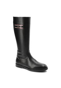 TOMMY HILFIGER - Czarne Kozaki Damskie Tommy Hilfiger Eleganckie Skórzane Buty. Kolor: czarny. Materiał: skóra. Szerokość cholewki: normalna. Sezon: lato. Obcas: na obcasie. Styl: elegancki. Wysokość obcasa: niski