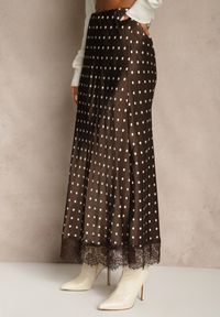 Renee - Brązowa Spódnica z Wiskozy High Waist Ozdobiona Kropkami i Koronką Monivia. Stan: podwyższony. Kolor: brązowy. Materiał: wiskoza, koronka. Wzór: aplikacja, kropki, koronka #2