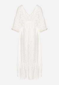 Born2be - Biała Koronkowa Taliowana Sukienka z Bawełną Gumką w Pasie i Wiązaniem przy Dekolcie Neleavia. Okazja: na co dzień, na imprezę. Typ kołnierza: dekolt w łódkę. Kolor: biały. Materiał: bawełna, koronka. Długość rękawa: krótki rękaw. Typ sukienki: proste. Styl: casual, elegancki #2