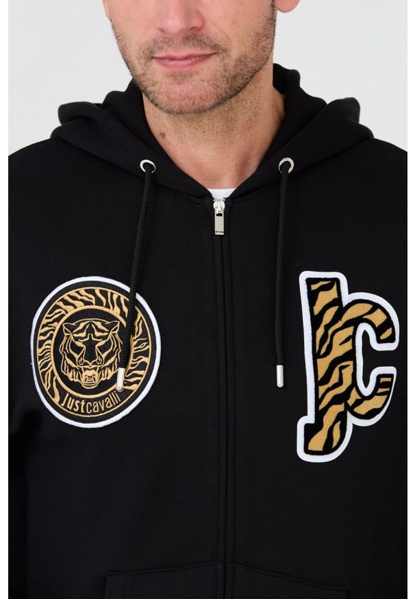 Just Cavalli - JUST CAVALLI Czarna męska bluza z kapturem Mix Patches, Rozmiar S. Typ kołnierza: kaptur. Kolor: czarny