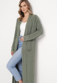 Born2be - Zielony Kardigan o Długości Maxi ze Wzorem w Warkocz i Kieszeniami Demixi. Kolor: zielony. Długość rękawa: długi rękaw. Długość: długie #5