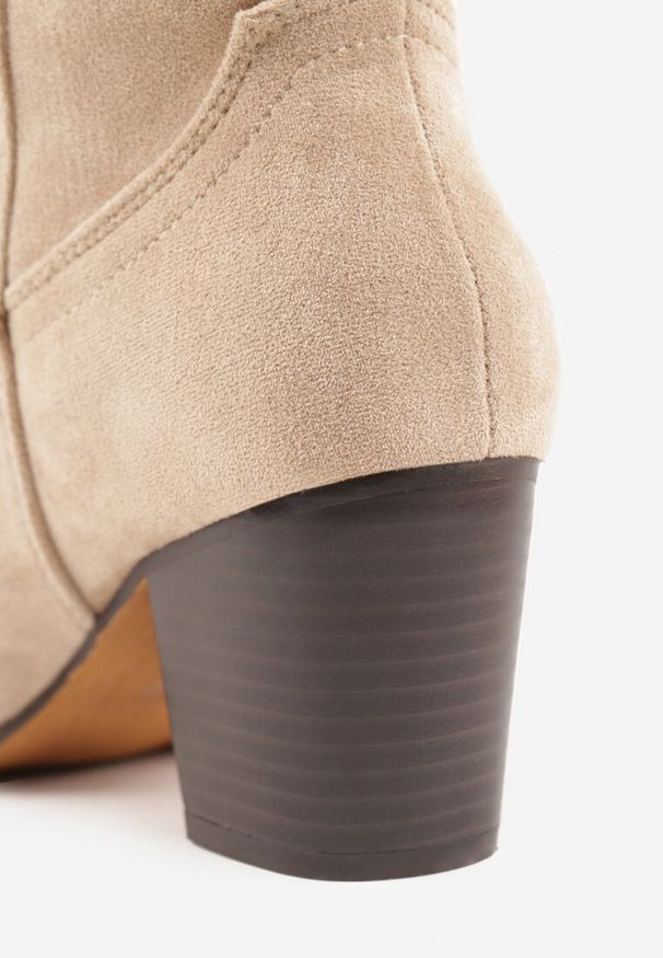 Renee - Ciemnobeżowe Botki Vices w Stylu Kowbojek na Słupku Velfedi. Okazja: na co dzień. Kolor: beżowy. Materiał: jeans. Sezon: jesień, zima. Obcas: na słupku. Styl: casual
