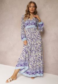 Renee - Fioletowo-Beżowa Sukienka Maxi w Kwiaty z Wiskozy Vellu. Kolor: fioletowy. Materiał: wiskoza. Wzór: kwiaty. Styl: boho. Długość: maxi