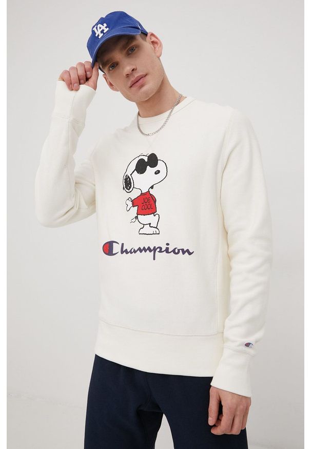 Champion bluza bawełniana męska kolor beżowy z nadrukiem. Kolor: beżowy. Materiał: bawełna. Wzór: nadruk