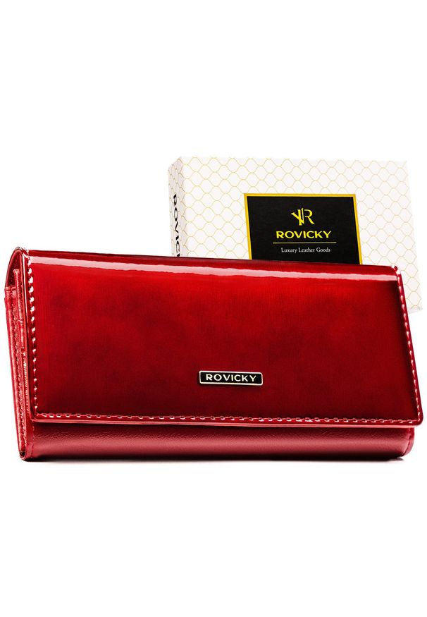 ROVICKY - Duży, poziomy, czerwony portfel damski ze skóry naturalnej i ekologicznej zamykany zatrzaskiem - Rovicky. Kolor: czerwony
