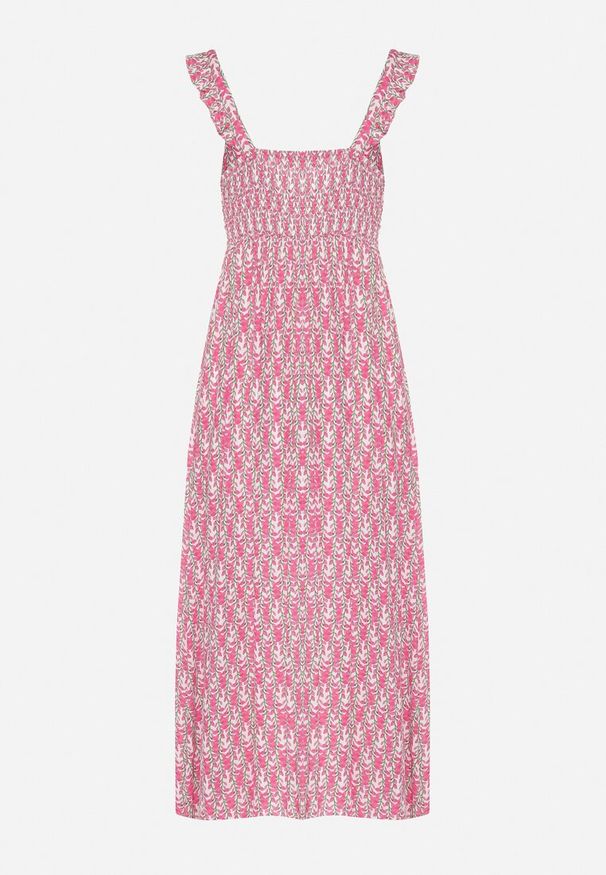 Born2be - Fuksjowa Wiskozowa Sukienka w Kwiaty z Ozdobnymi Falbankami Redele. Okazja: na spacer, na co dzień. Typ kołnierza: kołnierz z falbankami. Kolor: różowy. Materiał: wiskoza. Długość rękawa: na ramiączkach. Wzór: kwiaty. Typ sukienki: proste. Styl: casual, klasyczny