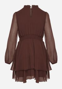 Born2be - Brązowa Rozkloszowana Sukienka Siateczkowa z Bufiastymi Rękawami Isovana. Okazja: na co dzień. Kolor: brązowy. Styl: casual, elegancki #4