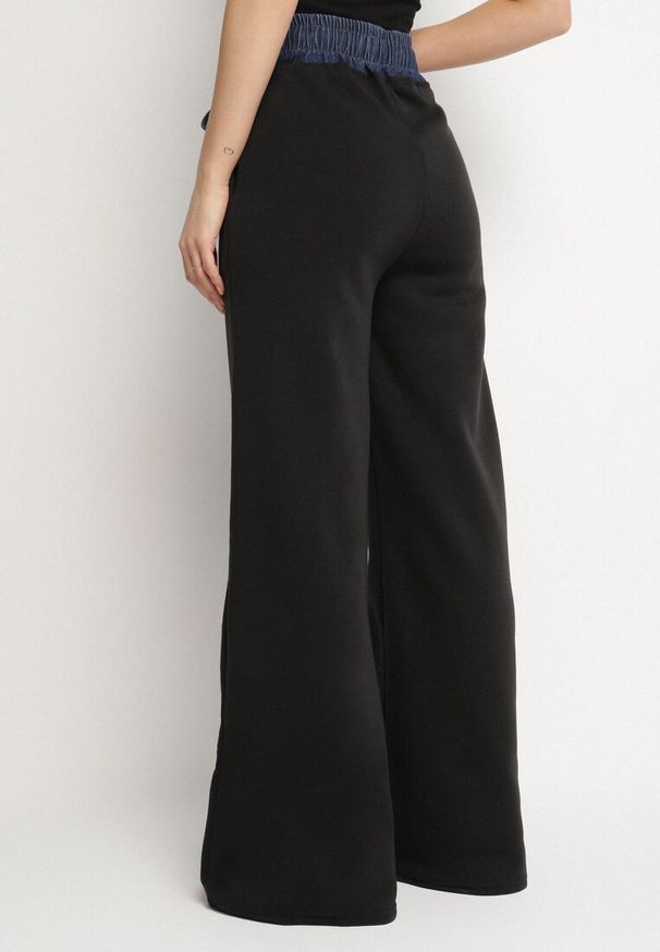 Born2be - Czarne Szerokie Spodnie z Bawełną Wysokim Stanem i Wstawką Imitującą Jeans Tannira. Stan: podwyższony. Kolor: czarny. Materiał: jeans, bawełna. Styl: klasyczny