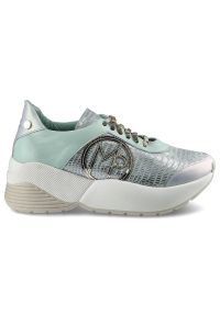 Massimo POLI - Miętowe Sneakersy Massimo Poli Damskie Modne Buty. Kolor: zielony. Materiał: zamsz, skóra. Szerokość cholewki: normalna. Wzór: aplikacja. Obcas: na platformie #6