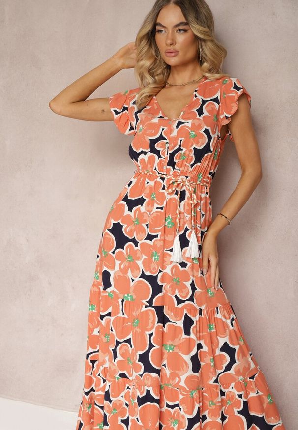 Renee - Pomarańczowa Kwiecista Sukienka z Wiskozy z Gumką w Talii Wiązana Materiałowym Paskiem Vikennia. Typ kołnierza: dekolt w kształcie V. Kolor: pomarańczowy. Materiał: materiał, wiskoza. Sezon: lato