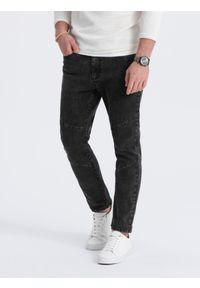 Ombre Clothing - Spodnie męskie jeansowe slim fit z przeszyciem na kolanach - czarne V2 OM-PADP-0109 - XXL. Kolor: czarny. Materiał: jeans. Wzór: aplikacja #6