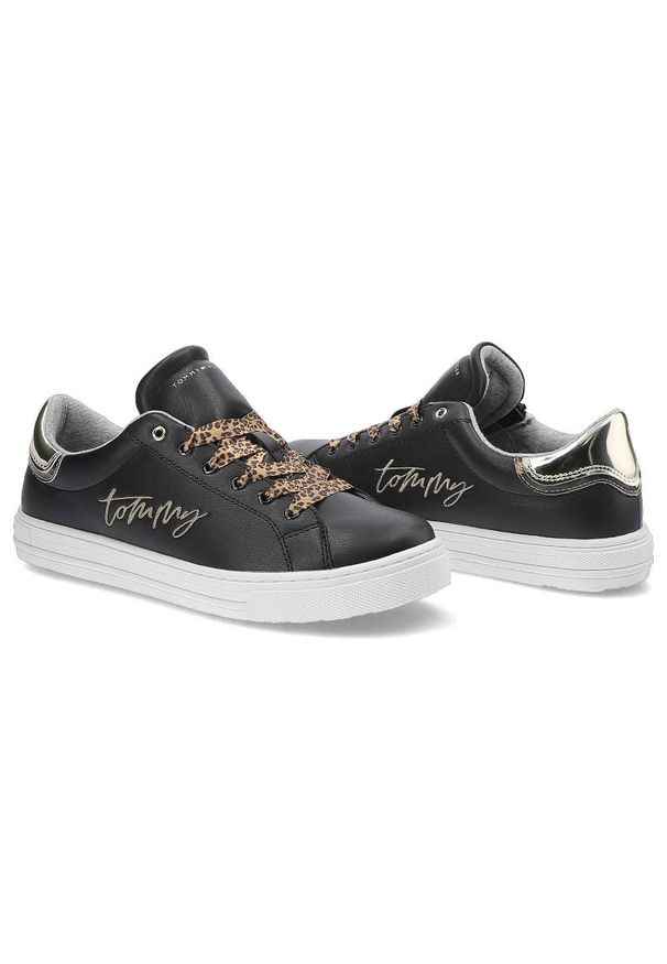 TOMMY HILFIGER - Czarne Sneakersy Tommy Hilfiger Damskie Modne Buty. Kolor: czarny. Materiał: skóra ekologiczna, materiał. Szerokość cholewki: normalna. Wzór: motyw zwierzęcy. Obcas: na płaskiej podeszwie