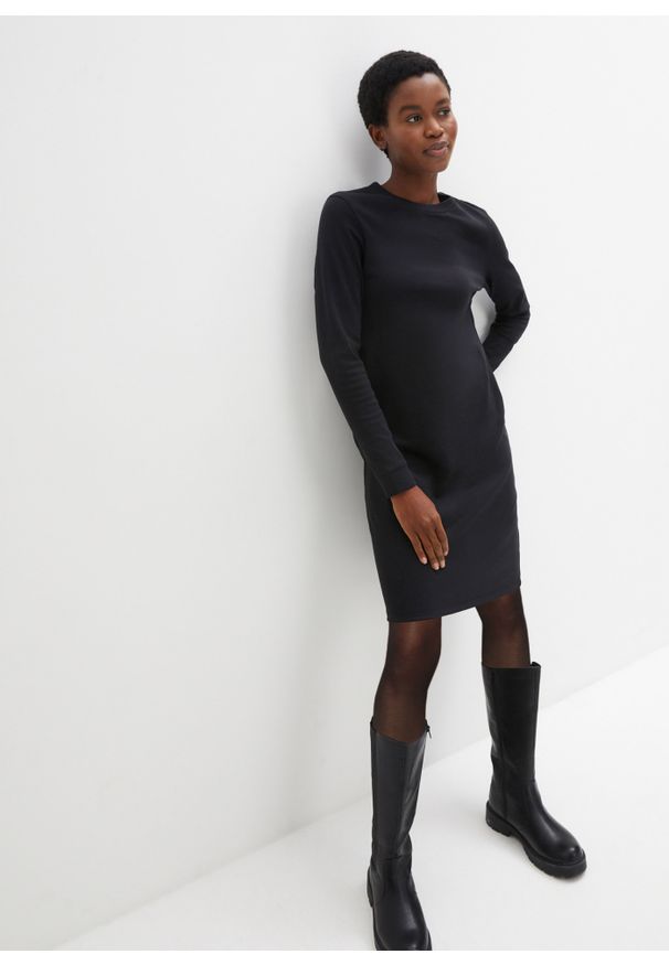 bonprix - Sukienka shirtowa w fasonie o linii litery A, z ciężkiej bawełny, dł. do kolan. Kolor: czarny. Materiał: bawełna. Długość rękawa: długi rękaw. Długość: midi