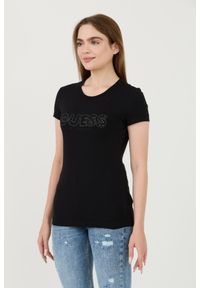 Guess - GUESS Czarny damski t-shirt Sangallo Tee, Rozmiar M. Kolor: czarny
