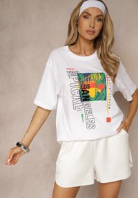 Renee - Biała Koszulka T-shirt z Bawełny Zdobiona Oryginalnym Nadrukiem Savindrae. Okazja: na co dzień. Kolor: biały. Materiał: bawełna. Wzór: aplikacja, nadruk. Styl: klasyczny, elegancki, casual