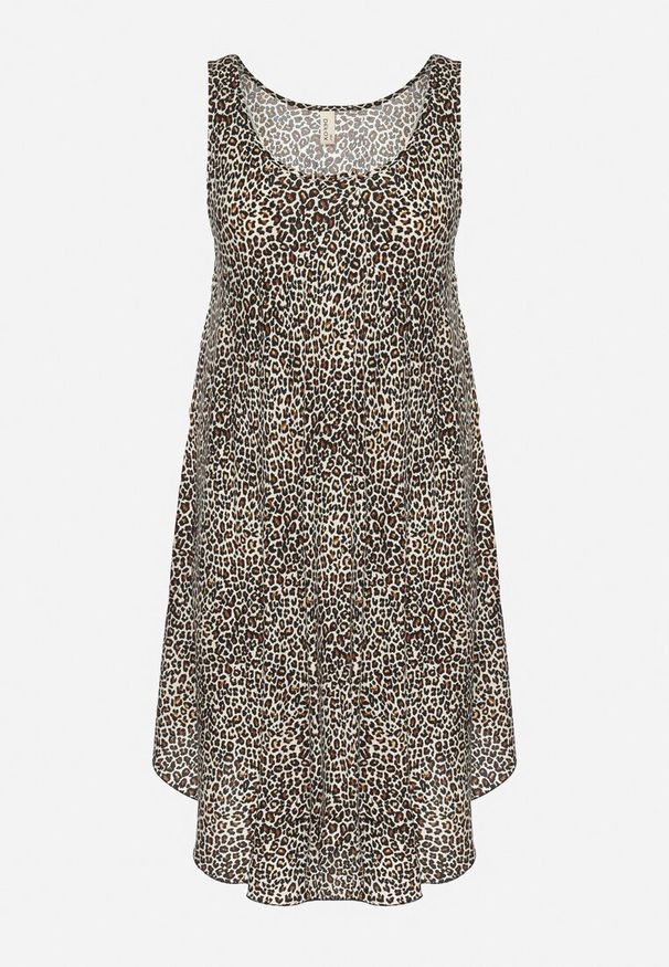 Born2be - Jasnobeżowa Rozkloszowana Sukienka z Bawełny w Panterkę Natiloria. Okazja: na co dzień. Kolor: beżowy. Materiał: bawełna. Długość rękawa: długi rękaw. Wzór: motyw zwierzęcy. Styl: casual, elegancki