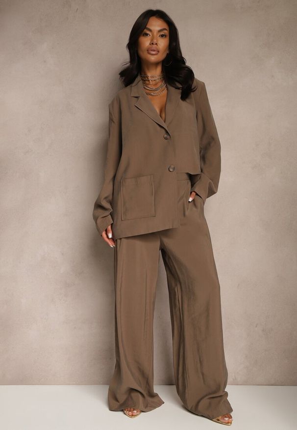 Renee - Brązowe Spodnie Low Waist z Modalu z Szeroką Nogawką Reanelira. Okazja: na co dzień. Stan: obniżony. Kolor: brązowy. Styl: klasyczny, elegancki, casual