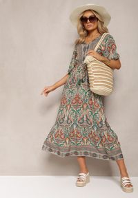Renee - Zielono-Brązowa Wiskozowa Sukienka Maxi z Gumką w Pasie Ozdobiona Wzorem Paisley Larite. Kolor: zielony. Materiał: wiskoza. Wzór: paisley, aplikacja. Długość: maxi #3