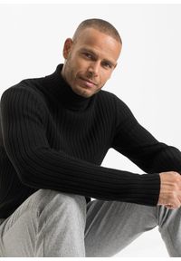 bonprix - Sweter z golfem, z prążkowanej bawełny z recyklingu. Typ kołnierza: golf. Kolor: czarny. Materiał: prążkowany, bawełna. Wzór: prążki #3