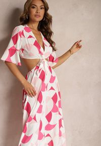 Renee - Różowa Kopertowa Sukienka Maxi z Rozkloszowanym Dołem i Wiązaniem Alylina. Kolor: różowy. Materiał: tkanina. Długość rękawa: krótki rękaw. Wzór: aplikacja. Sezon: lato, wiosna. Typ sukienki: kopertowe. Długość: maxi