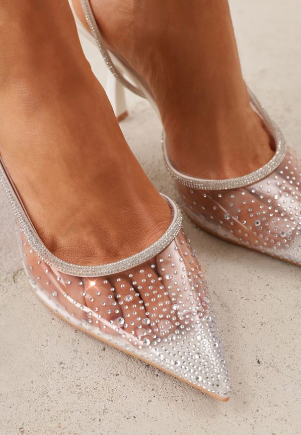 Renee - Białe Szpilki Slingback z Transparentną Cholewką i Cyrkoniami Liaceran. Okazja: na imprezę. Kolor: biały. Szerokość cholewki: normalna. Obcas: na szpilce. Styl: wizytowy, glamour