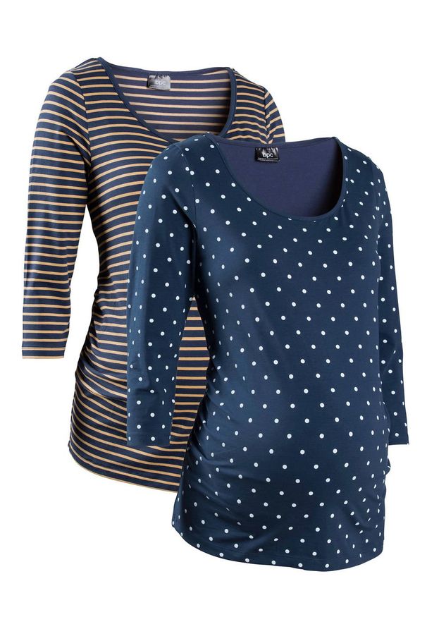 Shirt ciążowy z nadrukiem (2 szt.), rękawy 3/4, bawełna organiczna bonprix ciemnoniebieski w groszki + w paski. Kolekcja: moda ciążowa. Kolor: niebieski. Materiał: bawełna. Wzór: nadruk, paski, grochy