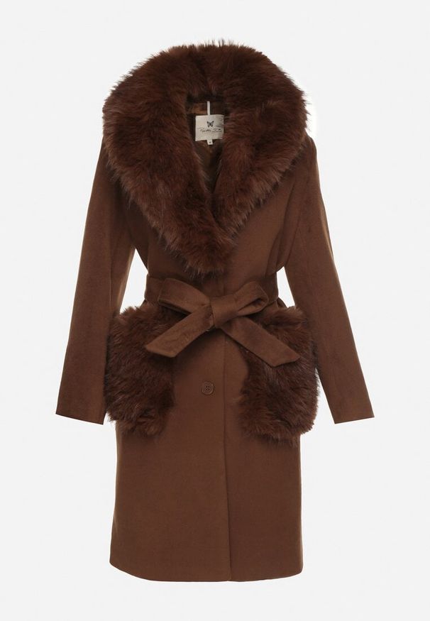 Born2be - Brązowy Płaszcz Wiązany w Talii z Futrzanym Kołnierzem i Kieszeniami Perrie. Okazja: na co dzień. Kolor: brązowy. Materiał: futro. Styl: elegancki, casual
