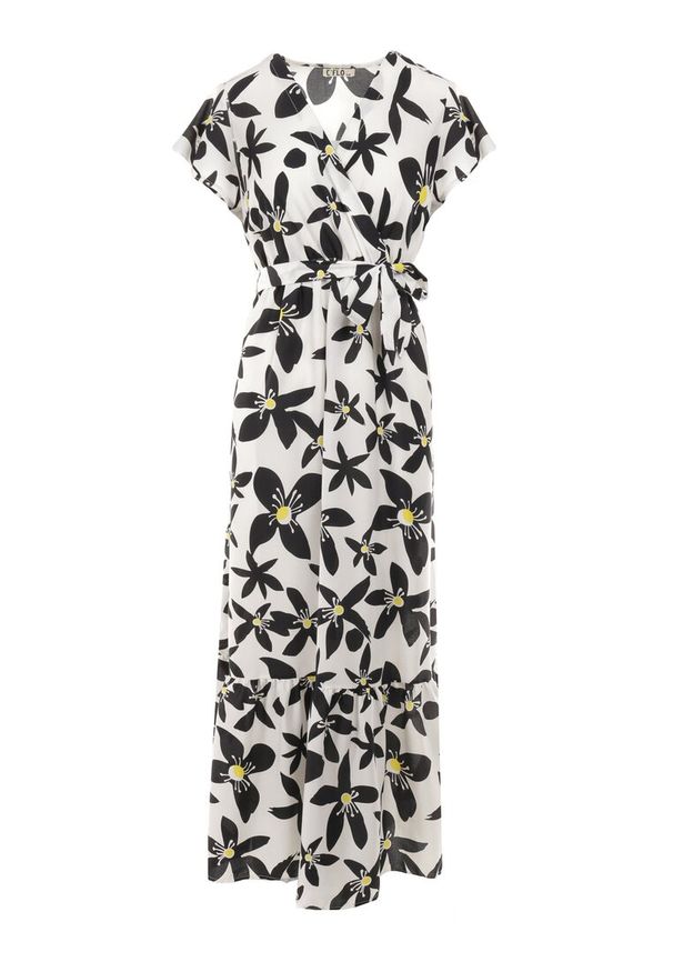 Born2be - Biała Sukienka Marrie. Kolor: biały. Materiał: materiał. Długość rękawa: krótki rękaw. Wzór: kwiaty. Sezon: lato. Typ sukienki: kopertowe. Długość: maxi