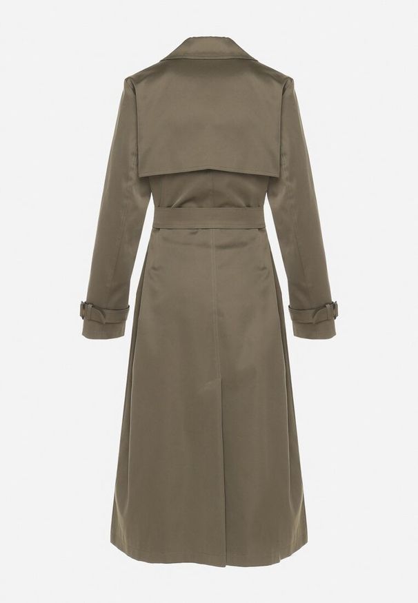 Born2be - Zielony Płaszcz Trencz Dwurzędowy Ozdobiony Paskiemz Klamrą Tinbella. Okazja: na co dzień. Kolor: zielony. Materiał: jeans. Wzór: aplikacja. Styl: casual, elegancki, klasyczny